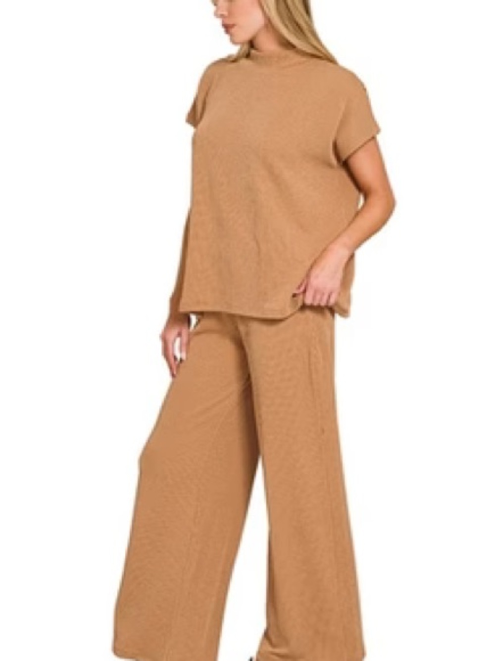 Zenana Outfitters Camel Relaxed Mock-Neck Two-Piece Set